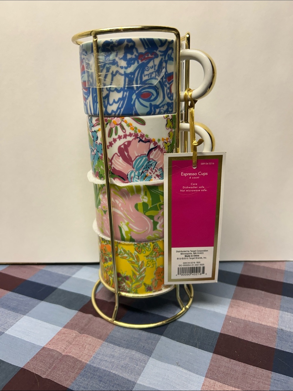 Lilly Pulitzer Colorful Floral Espresso Cup Set with Gold Rack - 4pc